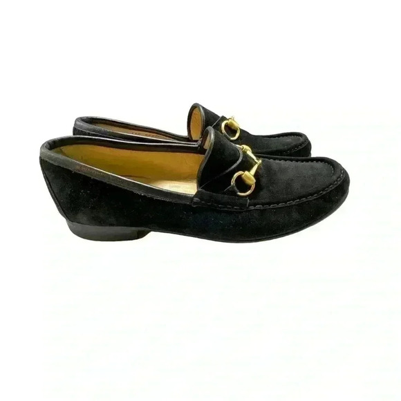 Gucci 110 0009/2 gold Horsebit black suede loafers slip on  size 8.5D shoes - Picture 1 of 12